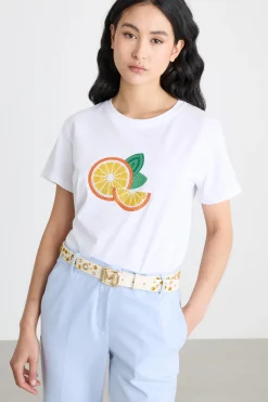 T-shirt con ricamo bijoux - Bianco Arancione