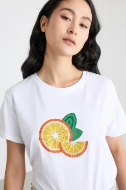 T-shirt con ricamo bijoux - Bianco Arancione