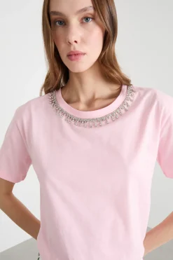 T-shirt con ricamo bijoux - Rosa