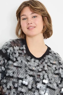 T-shirt con ricamo di paillettes trasparenti - Nero