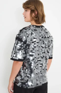 T-shirt con ricamo di paillettes trasparenti - Nero