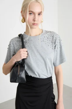T-shirt con ricamo gioiello - Grigio