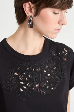 T-shirt con ricamo sangallo - Nero
