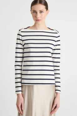 T-shirt con scollo a barchetta - Blu Bianco