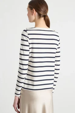 T-shirt con scollo a barchetta - Blu Bianco