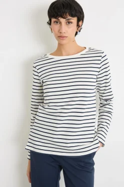 T-shirt con scollo a barchetta - Blu Bianco