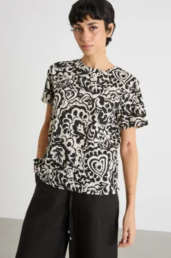 T-shirt con stampa all-over - Beige Nero