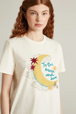 T-shirt con stampa e ricami - Beige