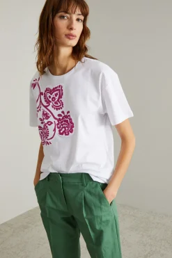 T-shirt di cotone stampata - Bianco Fuxia