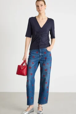 T-shirt fluida con drappeggio - Blu