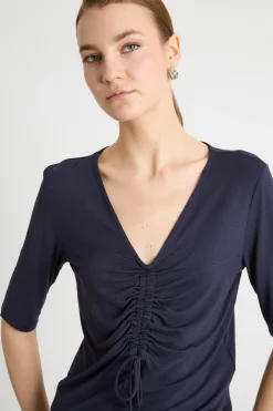 T-shirt fluida con drappeggio - Blu