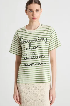 T-shirt girocollo con ricamo - Verde Bianco Nero