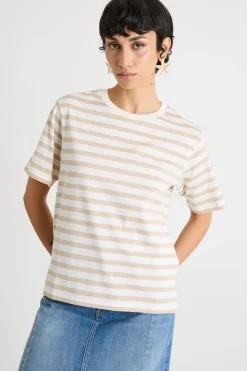 T-shirt girocollo con spacchetti - Beige Bianco