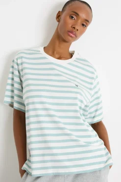 T-shirt girocollo con spacchi - Azzurro Bianco
