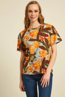 T-shirt in cotone - Marrone Arancione Azzurro
