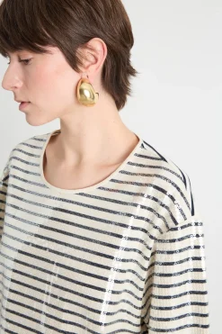 T-shirt in jersey con paillettes - Bianco Nero