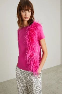 T-shirt in jersey con piume - Fuxia