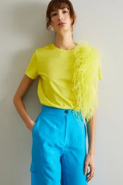 T-shirt in jersey con piume - Giallo Sole