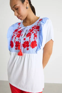 T-shirt in jersey con ricamo - Bianco Azzurro Rosso