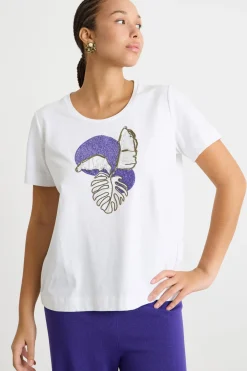 T-shirt in jersey con ricamo e stampa - Bianco Viola