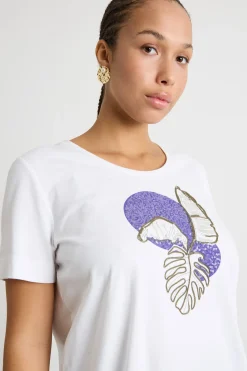 T-shirt in jersey con ricamo e stampa - Bianco Viola
