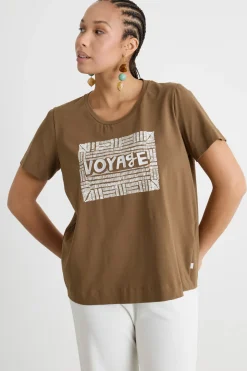 T-shirt in jersey con ricamo e stampa - Marrone
