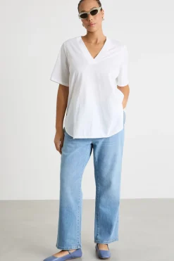 T-shirt in jersey con scollo a V - Bianco
