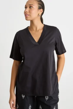 T-shirt in jersey con scollo a V - Nero