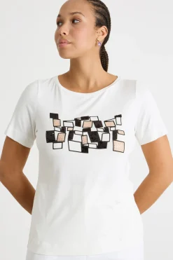T-shirt in jersey ricamato - Bianco Nero Beige