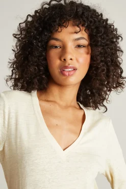 T-shirt in lino con scollo a V - Beige