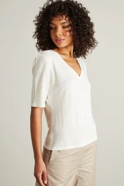 T-shirt in lino con scollo a V - Bianco