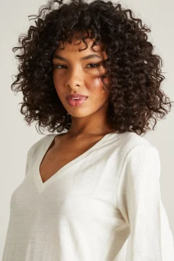 T-shirt in lino con scollo a V - Bianco