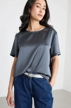 T-shirt in raso e jersey - Grigio