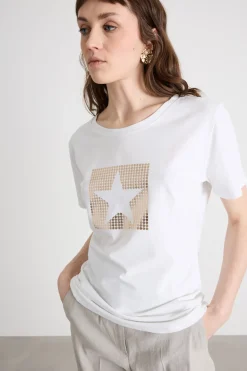 T-shirt slim con stampa laminata - Bianco Argento