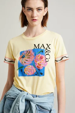 T-shirt stampata e ricamata - Giallo Pastello