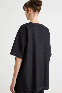 T-shirt svasata in jersey effetto jeans - Blu