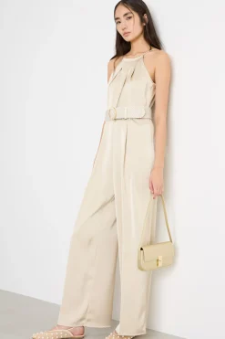 Tuta halterneck in raso - Beige