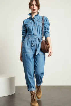 Tuta in denim con cintura - Azzurro Denim