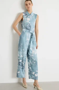 Tuta in twill di viscosa stampata - Azzurro Bianco