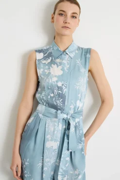 Tuta in twill di viscosa stampata - Azzurro Bianco