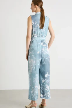 Tuta in twill di viscosa stampata - Azzurro Bianco